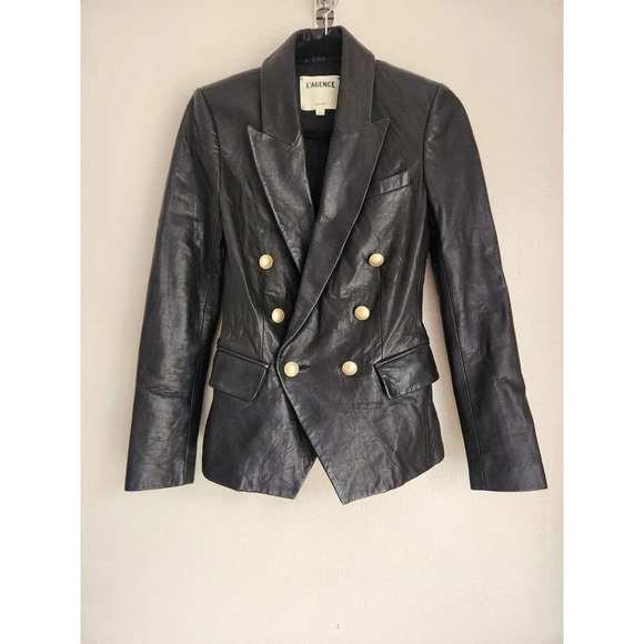 NWD L'Agence Kenzie Double Breasted Leather Blazer Size 2 Black - Picture 4 of 14